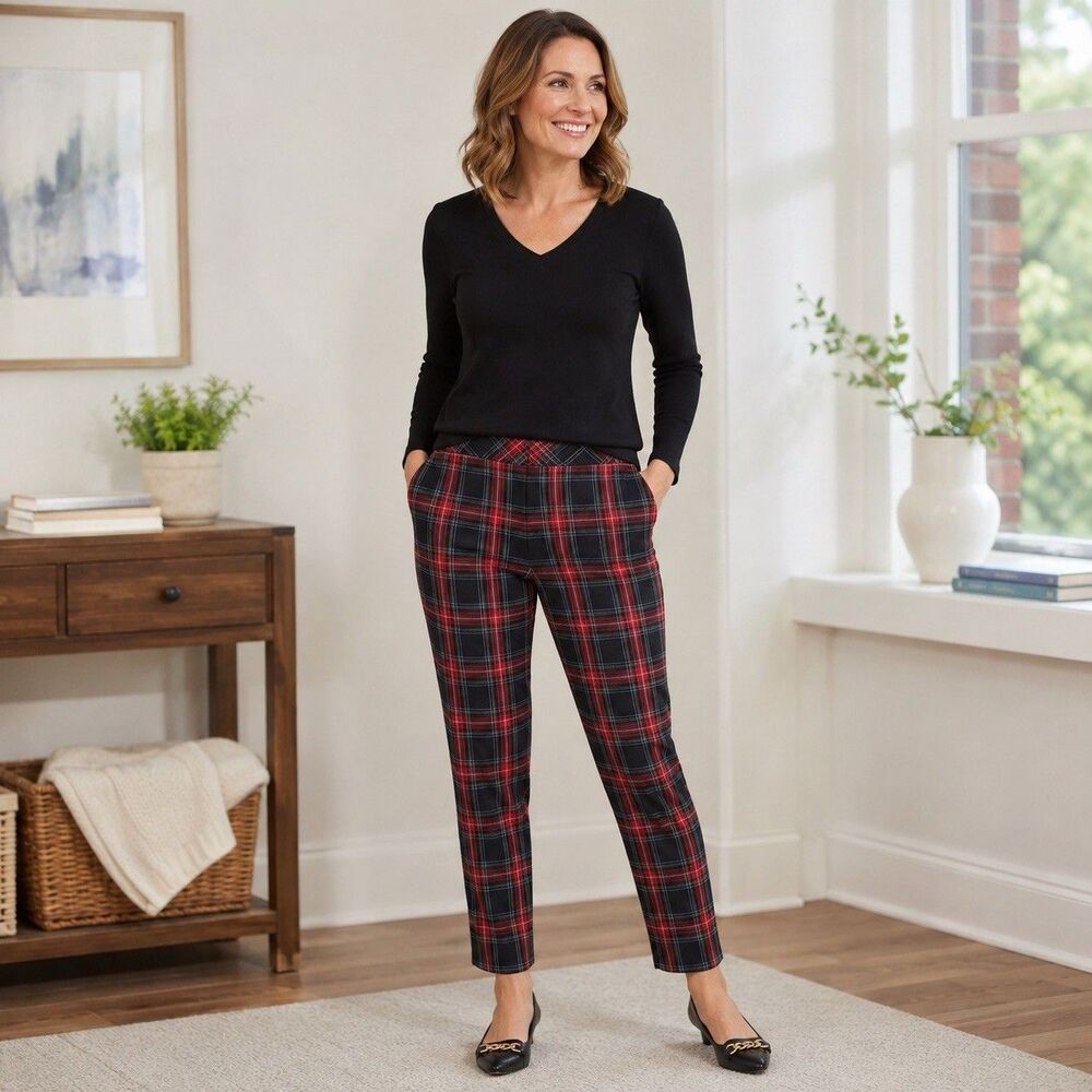 j.Jill Black Watch Plaid Cropped Pants Women's 14 Premium Bi-Stretch